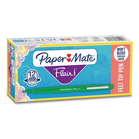 Paper Mate Point Guard Flair Felt Tip Porous Point Pen, Medium 0.7mm, Green, PK12 8440152